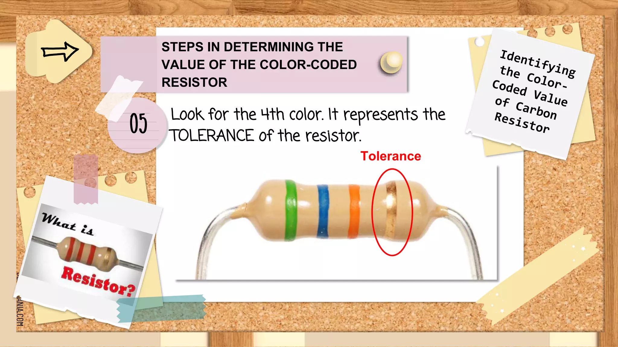 SLIDESMANIA.COM
STEPS IN DETERMINING THE
VALUE OF THE COLOR-CODED
RESISTOR
Look for the 4th color. It represents the
TOLERANCE of the resistor.
Tolerance
05
 