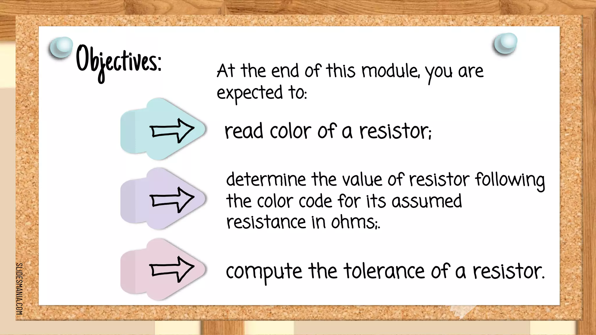 SLIDESMANIA.COM
Objectives: At the end of this module, you are
expected to:
read color of a resistor;
determine the value of resistor following
the color code for its assumed
resistance in ohms;.
compute the tolerance of a resistor.
 