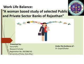 Work Life Balance:
“A woman based study of selected Public
and Private Sector Banks of Rajasthan”
Under the Guidance of :
Dr.Gopal Dhaker
Presented by:
Sana Hafiz
Research Scholar
Registration No. (RS/288/16)
University of Kota, Kota (Raj.)
 
