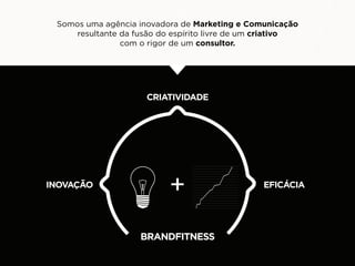 Somos uma agência inovadora de Marketing e Comunicação
     resultante da fusão do espírito livre de um criativo
                com o rigor de um consultor.




                     CRIATIVIDADE




INOVAÇÃO                                        EFICÁCIA




                    BRANDFITNESS
 