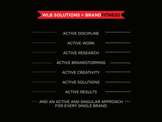 WLB SOLUTIONS = BRANDFITNESS



         ACTIVE DISCIPLINE

           ACTIVE WORK

         ACTIVE RESEARCH

       ACTIVE BRANDSTORMING

         ACTIVE CREATIVITY

         ACTIVE SOLUTIONS

          ACTIVE RESULTS

AND AN ACTIVE AND SINGULAR APPROACH
      FOR EVERY SINGLE BRAND
 