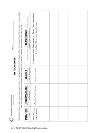 MY
FOOD
DIARY
Food/Beverage
Include
the
portion
size,
preparation
method,
brand
name,
all
condiments,
and
specify
low-fat,
sugar-free,
etc.
3
slices
white
bread,
2
eggs
cooked
in
1
Tbs
oil,
1
slice
yellow
cheese,
12
oz
coffee,
2
Tbs
creamer,
1
packet
sugar
Date/Time
Start
time
and
stop
time
10/25
Thursday
9:00
to
9:30
am
Thoughts/Mood
Are
you
hungry?
Tired?
Stressed?
Happy?
Bored?
Bored
and
a
little
hungry
Location
At
the
table,
in
the
car,
in
front
of
TV,
restaurant
Living
room
couch
Name:
___________________________________
Starting
a
food
diary
is
a
great
way
to
discover
patterns
that
are
holding
you
back.
Write
this
diary
for
at
least
three
days
and
bring
it
to
you
doctor
for
review..
Try
to
make
one
day
be
a
weekend
day
and
two
days
during
the
week.
See
below
for
an
example
of
what
your
entries
might
look
like.
26 | TBHC’S WEIGHT LOSS CENTER, 718.250.8920
 