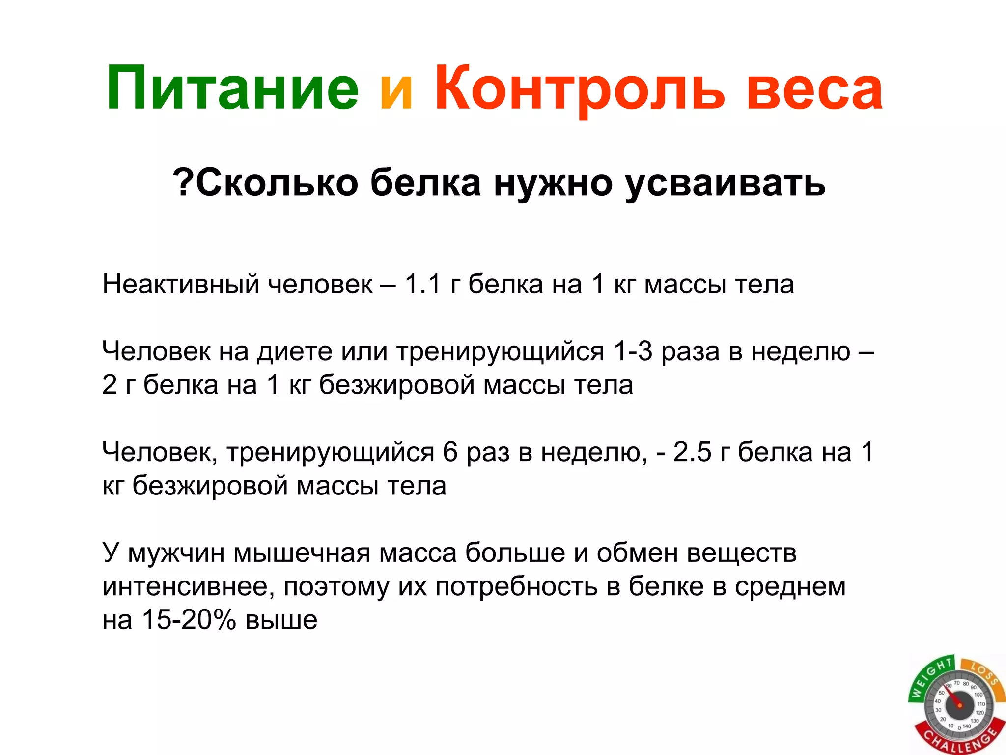 Сколько белка нужно усваивать? Неактивный человек – 1.1 г белка на 1 кг массы тела Человек на диете или тренирующийся 1-3 раза в неделю – 2 г белка на 1 кг безжировой массы тела Человек, тренирующийся 6 раз в неделю, - 2.5 г белка на 1 кг безжировой массы тела У мужчин мышечная масса больше и обмен веществ интенсивнее, поэтому их потребность в белке в среднем на 15-20% выше Питание   и   Контроль веса 