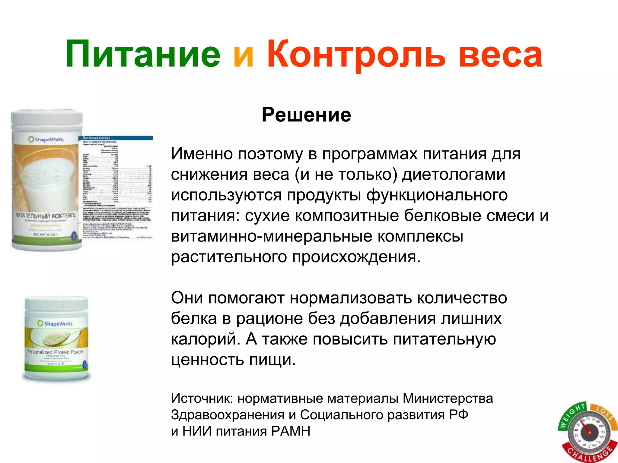Именно поэтому в программах питания для снижения веса (и не только) диетологами используются продукты функционального питания: сухие композитные белковые смеси и витаминно-минеральные комплексы растительного происхождения. Они помогают нормализовать количество белка в рационе без добавления лишних калорий. А также повысить питательную ценность пищи. Источник: нормативные материалы Министерства Здравоохранения и Социального развития РФ и НИИ питания РАМН Питание   и   Контроль веса Решение 