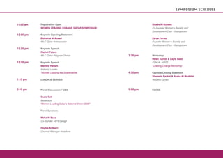 SYMPOSIUM SCHEDULE



11:00 am   Registration Open                                        Ghada Al-Subaey
           WOMEN LEADING CHANGE QATAR SYMPOSIUM                     Co-founder Women’s Society and
                                                                    Development Club - Georgetown
12:00 pm   Keynote Opening Statement
           Buthaina Al Ansari                                       Zarqa Parvez
           WLC Qatar Ambassador                                     Founder Women’s Society and
                                                                    Development Club - Georgetown
12:20 pm   Keynote Speech
           Rachel Petero
           WLC Qatar Program Owner                        3:30 pm   Workshop
                                                                    Helen Tucker & Layla Saad
12:30 pm   Keynote Speech                                           ELNUK - IODT
           Mathew Hallam                                            “Leading Change Workshop”
           Industry Leader
           “Women Leading the Sharemarket”                4:30 pm   Keynote Closing Statement
                                                                    Shareefa Fadhel & Aysha Al Mudehki
1:15 pm    LUNCH IS SERVED                                          Roudha Center



2:15 pm    Panel Discussion / Q&A                         5:00 pm   CLOSE

           Susie Kelt
           Moderator
           ‘Women Leading Qatar’s National Vision 2030”

           Panel Speakers:

           Maha Al-Essa
           Co-founder +974 Design

           Hayfaa Al-Marri
           Channel Manager Vodafone
 