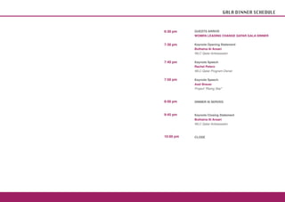 GALA DINNER SCHEDULE



6:30 pm    GUESTS ARRIVE
           WOMEN LEADING CHANGE QATAR GALA DINNER

7:30 pm    Keynote Opening Statement
           Buthaina Al Ansari
           WLC Qatar Ambassador

7:40 pm    Keynote Speech
           Rachel Petero
           WLC Qatar Program Owner

7:50 pm    Keynote Speech
           Axel Breuer
           Project “Rising Star”



8:00 pm    DINNER IS SERVED



9:45 pm    Keynote Closing Statement
           Buthaina Al Ansari
           WLC Qatar Ambassador



10:00 pm   CLOSE
 