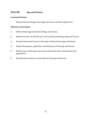 73 
WLD‐300    Jigs and Fixtures 
 
Learning Outcomes: 
 
‐  Demonstrate knowledge of basic jigs and fixtures and their applications. 
 
Objectives and Content: 
 
1.  Define terminology associated with jigs and fixtures. 
 
2.  Identify hazards and describe safe work practices pertaining to jigs and fixtures. 
 
3.  Interpret information found on drawings to fabricate basic jigs and fixtures. 
 
4.  Explain the purpose, applications and limitations of basic jigs and fixtures. 
 
5.  Identify types of basic jigs and fixtures and describe their characteristics and 
applications. 
 
6.  Describe the procedures used to fabricate basic jigs and fixtures. 
 
 