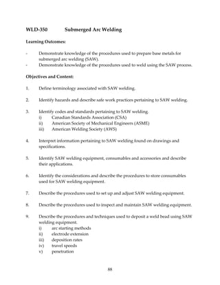 88 
WLD‐350    Submerged Arc Welding 
 
Learning Outcomes: 
 
‐  Demonstrate knowledge of the procedures used to prepare base metals for 
submerged arc welding (SAW). 
‐  Demonstrate knowledge of the procedures used to weld using the SAW process. 
 
Objectives and Content: 
 
1.  Define terminology associated with SAW welding. 
 
2.  Identify hazards and describe safe work practices pertaining to SAW welding. 
 
3.  Identify codes and standards pertaining to SAW welding. 
  i)  Canadian Standards Association (CSA)  
  ii)  American Society of Mechanical Engineers (ASME) 
  iii)  American Welding Society (AWS) 
 
4.  Interpret information pertaining to SAW welding found on drawings and 
specifications. 
 
5.  Identify SAW welding equipment, consumables and accessories and describe 
their applications. 
 
6.  Identify the considerations and describe the procedures to store consumables 
used for SAW welding equipment. 
 
7.  Describe the procedures used to set up and adjust SAW welding equipment. 
 
8.  Describe the procedures used to inspect and maintain SAW welding equipment. 
 
9.  Describe the procedures and techniques used to deposit a weld bead using SAW 
welding equipment. 
  i)  arc starting methods 
  ii)  electrode extension 
  iii)  deposition rates 
  iv)  travel speeds 
  v)  penetration 
 