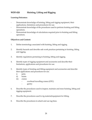 WDF‐020 Hoisting, Lifting and Rigging 
28 
Learning Outcomes: 
‐ Demonstrate knowledge of hoisting, lifting and rigging equipment, their 
applications, limitations and procedures for use. 
‐ Demonstrate knowledge of the procedures used to perform hoisting and lifting 
operations. 
‐ Demonstrate knowledge of calculations required prior to hoisting and lifting 
operations. 
Objectives and Content: 
1. Define terminology associated with hoisting, lifting and rigging. 
2. Identify hazards and describe safe work practices pertaining to hoisting, lifting 
and rigging. 
3. Identify regulations pertaining to hoisting, lifting and rigging. 
4. Identify types of rigging equipment and accessories and describe their 
limitations, applications and procedures for use. 
5. Identify types of hoisting and lifting equipment and accessories and describe 
their applications and procedures for use. 
i) jacks 
ii) hoists 
iii) cranes 
‐ overhead travelling cranes (OTC) 
‐ gantry 
6. Describe the procedures used to inspect, maintain and store hoisting, lifting and 
rigging equipment. 
7. Describe the procedures used to rig material/equipment for lifting. 
8. Describe the procedures to attach and use tag lines. 
 