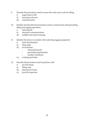 9. Describe the procedures used to ensure the work area is safe for lifting. 
29 
i) supervision of lift 
ii) securing work area 
iii) communication 
10. Identify and describe the procedures used to communicate during hoisting, 
lifting and rigging operations. 
i) hand signals 
ii) electronic communications 
iii) audible and visual warnings 
11. Identify the factors to consider when selecting rigging equipment. 
i) load characteristics 
ii) sling angle 
iii) environment 
‐ chemical hazards 
‐ grounding requirements 
‐ weather conditions 
iv) working load limit 
12. Describe the procedures used to perform a lift. 
i) pre‐lift checks 
ii) lifting load 
iii) placement of load 
iv) post‐lift inspection 
 