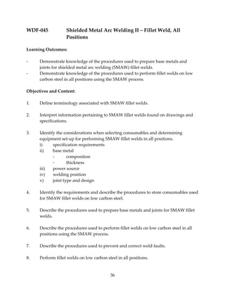 WDF‐045 Shielded Metal Arc Welding II – Fillet Weld, All 
36 
Positions 
Learning Outcomes: 
‐ Demonstrate knowledge of the procedures used to prepare base metals and 
joints for shielded metal arc welding (SMAW) fillet welds. 
‐ Demonstrate knowledge of the procedures used to perform fillet welds on low 
carbon steel in all positions using the SMAW process. 
Objectives and Content: 
1. Define terminology associated with SMAW fillet welds. 
2. Interpret information pertaining to SMAW fillet welds found on drawings and 
specifications. 
3. Identify the considerations when selecting consumables and determining 
equipment set‐up for performing SMAW fillet welds in all positions. 
i) specification requirements 
ii) base metal 
‐ composition 
‐ thickness 
iii) power source 
iv) welding position 
v) joint type and design 
4. Identify the requirements and describe the procedures to store consumables used 
for SMAW fillet welds on low carbon steel. 
5. Describe the procedures used to prepare base metals and joints for SMAW fillet 
welds. 
6. Describe the procedures used to perform fillet welds on low carbon steel in all 
positions using the SMAW process. 
7. Describe the procedures used to prevent and correct weld faults. 
8. Perform fillet welds on low carbon steel in all positions. 
 