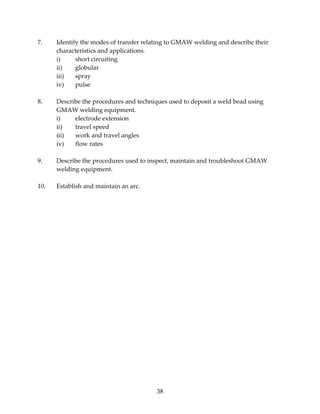 7. Identify the modes of transfer relating to GMAW welding and describe their 
38 
characteristics and applications. 
i) short circuiting 
ii) globular 
iii) spray 
iv) pulse 
8. Describe the procedures and techniques used to deposit a weld bead using 
GMAW welding equipment. 
i) electrode extension 
ii) travel speed 
iii) work and travel angles 
iv) flow rates 
9. Describe the procedures used to inspect, maintain and troubleshoot GMAW 
welding equipment. 
10. Establish and maintain an arc. 
 