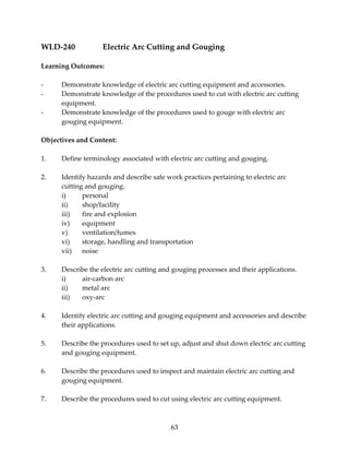 WLD‐240 Electric Arc Cutting and Gouging 
63 
Learning Outcomes: 
‐ Demonstrate knowledge of electric arc cutting equipment and accessories. 
‐ Demonstrate knowledge of the procedures used to cut with electric arc cutting 
equipment. 
‐ Demonstrate knowledge of the procedures used to gouge with electric arc 
gouging equipment. 
Objectives and Content: 
1. Define terminology associated with electric arc cutting and gouging. 
2. Identify hazards and describe safe work practices pertaining to electric arc 
cutting and gouging. 
i) personal 
ii) shop/facility 
iii) fire and explosion 
iv) equipment 
v) ventilation/fumes 
vi) storage, handling and transportation 
vii) noise 
3. Describe the electric arc cutting and gouging processes and their applications. 
i) air‐carbon arc 
ii) metal arc 
iii) oxy‐arc 
4. Identify electric arc cutting and gouging equipment and accessories and describe 
their applications. 
5. Describe the procedures used to set up, adjust and shut down electric arc cutting 
and gouging equipment. 
6. Describe the procedures used to inspect and maintain electric arc cutting and 
gouging equipment. 
7. Describe the procedures used to cut using electric arc cutting equipment. 
 