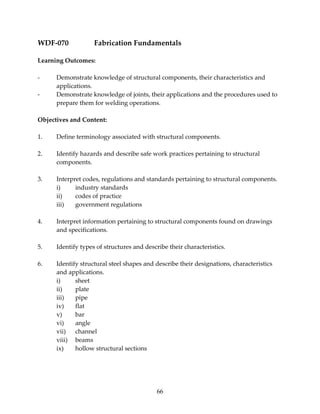 WDF‐070 Fabrication Fundamentals 
66 
Learning Outcomes: 
‐ Demonstrate knowledge of structural components, their characteristics and 
applications. 
‐ Demonstrate knowledge of joints, their applications and the procedures used to 
prepare them for welding operations. 
Objectives and Content: 
1. Define terminology associated with structural components. 
2. Identify hazards and describe safe work practices pertaining to structural 
components. 
3. Interpret codes, regulations and standards pertaining to structural components. 
i) industry standards 
ii) codes of practice 
iii) government regulations 
4. Interpret information pertaining to structural components found on drawings 
and specifications. 
5. Identify types of structures and describe their characteristics. 
6. Identify structural steel shapes and describe their designations, characteristics 
and applications. 
i) sheet 
ii) plate 
iii) pipe 
iv) flat 
v) bar 
vi) angle 
vii) channel 
viii) beams 
ix) hollow structural sections 
 