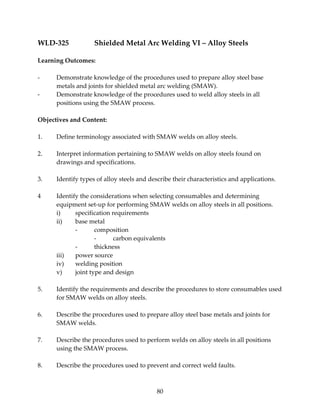 WLD‐325 Shielded Metal Arc Welding VI – Alloy Steels 
80 
Learning Outcomes: 
‐ Demonstrate knowledge of the procedures used to prepare alloy steel base 
metals and joints for shielded metal arc welding (SMAW). 
‐ Demonstrate knowledge of the procedures used to weld alloy steels in all 
positions using the SMAW process. 
Objectives and Content: 
1. Define terminology associated with SMAW welds on alloy steels. 
2. Interpret information pertaining to SMAW welds on alloy steels found on 
drawings and specifications. 
3. Identify types of alloy steels and describe their characteristics and applications. 
4 Identify the considerations when selecting consumables and determining 
equipment set‐up for performing SMAW welds on alloy steels in all positions. 
i) specification requirements 
ii) base metal 
‐ composition 
‐ carbon equivalents 
‐ thickness 
iii) power source 
iv) welding position 
v) joint type and design 
5. Identify the requirements and describe the procedures to store consumables used 
for SMAW welds on alloy steels. 
6. Describe the procedures used to prepare alloy steel base metals and joints for 
SMAW welds. 
7. Describe the procedures used to perform welds on alloy steels in all positions 
using the SMAW process. 
8. Describe the procedures used to prevent and correct weld faults. 
 