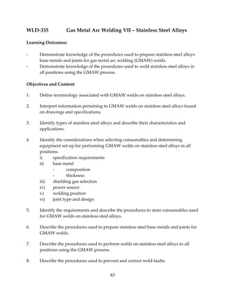 WLD‐335 Gas Metal Arc Welding VII – Stainless Steel Alloys 
83 
Learning Outcomes: 
‐ Demonstrate knowledge of the procedures used to prepare stainless steel alloys 
base metals and joints for gas metal arc welding (GMAW) welds. 
‐ Demonstrate knowledge of the procedures used to weld stainless steel alloys in 
all positions using the GMAW process. 
Objectives and Content: 
1. Define terminology associated with GMAW welds on stainless steel alloys. 
2. Interpret information pertaining to GMAW welds on stainless steel alloys found 
on drawings and specifications. 
3. Identify types of stainless steel alloys and describe their characteristics and 
applications. 
4 Identify the considerations when selecting consumables and determining 
equipment set‐up for performing GMAW welds on stainless steel alloys in all 
positions. 
i) specification requirements 
ii) base metal 
‐ composition 
‐ thickness 
iii) shielding gas selection 
iv) power source 
v) welding position 
vi) joint type and design 
5. Identify the requirements and describe the procedures to store consumables used 
for GMAW welds on stainless steel alloys. 
6. Describe the procedures used to prepare stainless steel base metals and joints for 
GMAW welds. 
7. Describe the procedures used to perform welds on stainless steel alloys in all 
positions using the GMAW process. 
8. Describe the procedures used to prevent and correct weld faults. 
 