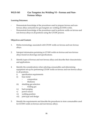 WLD‐345 Gas Tungsten Arc Welding VI – Ferrous and Non‐ 
86 
Ferrous Alloys 
Learning Outcomes: 
‐ Demonstrate knowledge of the procedures used to prepare ferrous and non‐ferrous 
alloys and joints for gas tungsten arc welding (GTAW) welds. 
‐ Demonstrate knowledge of the procedures used to perform welds on ferrous and 
non ferrous alloys in all positions using the GTAW process. 
Objectives and Content: 
1. Define terminology associated with GTAW welds on ferrous and non ferrous 
alloys. 
2. Interpret information pertaining to GTAW welds on ferrous and non ferrous 
alloys found on drawings and specifications. 
3. Identify types of ferrous and non ferrous alloys and describe their characteristics 
and applications. 
4 Identify the considerations when selecting consumables and determining 
equipment set‐up for performing GTAW welds on ferrous and non ferrous alloys 
in all positions. 
i) specification requirements 
ii) base metal 
‐ composition 
‐ thickness 
iii) shielding gas selection 
‐ trailing gas 
iv) back purging 
v) power source 
vi) welding position 
vii) joint type and design 
5. Identify the requirements and describe the procedures to store consumables used 
for GTAW welds on ferrous and non ferrous alloys. 
 