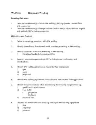 WLD‐355 Resistance Welding 
90 
Learning Outcomes: 
‐ Demonstrate knowledge of resistance welding (RW) equipment, consumables 
and accessories. 
‐ Demonstrate knowledge of the procedures used to set up, adjust, operate, inspect 
and maintain RW welding equipment. 
Objectives and Content: 
1. Define terminology associated with RW welding. 
2. Identify hazards and describe safe work practices pertaining to RW welding. 
3. Identify codes and standards pertaining to RW welding. 
i) Canadian Standards Association (CSA) 
4. Interpret information pertaining to RW welding found on drawings and 
specifications. 
5. Identify RW welding processes and describe their applications. 
i) spot 
ii) seam 
iii) projection 
6. Identify RW welding equipment and accessories and describe their applications. 
7. Identify the considerations when determining RW welding equipment set‐up. 
i) specification requirements 
ii) base metal 
‐ properties 
‐ thickness 
iii) electrode size 
8. Describe the procedures used to set up and adjust RW welding equipment. 
i) time 
ii) amperage 
iii) pressure 
 