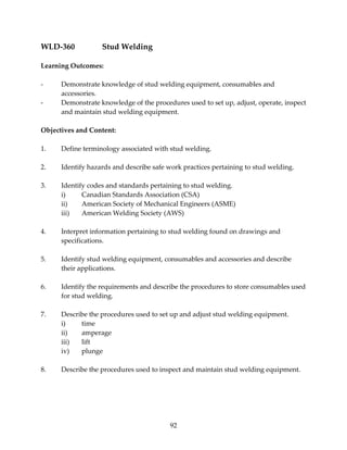 92 
WLD‐360 Stud Welding 
Learning Outcomes: 
‐ Demonstrate knowledge of stud welding equipment, consumables and 
accessories. 
‐ Demonstrate knowledge of the procedures used to set up, adjust, operate, inspect 
and maintain stud welding equipment. 
Objectives and Content: 
1. Define terminology associated with stud welding. 
2. Identify hazards and describe safe work practices pertaining to stud welding. 
3. Identify codes and standards pertaining to stud welding. 
i) Canadian Standards Association (CSA) 
ii) American Society of Mechanical Engineers (ASME) 
iii) American Welding Society (AWS) 
4. Interpret information pertaining to stud welding found on drawings and 
specifications. 
5. Identify stud welding equipment, consumables and accessories and describe 
their applications. 
6. Identify the requirements and describe the procedures to store consumables used 
for stud welding. 
7. Describe the procedures used to set up and adjust stud welding equipment. 
i) time 
ii) amperage 
iii) lift 
iv) plunge 
8. Describe the procedures used to inspect and maintain stud welding equipment. 
 