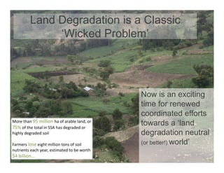 Land Degradation is a Classic
‘Wicked Problem’
Now is an exciting
time for renewed
coordinated efforts
towards a ‘land
degradation neutral
(or better!) world’
More than 95 million ha of arable land, or
75% of the total in SSA has degraded or
highly degraded soil
Farmers lose eight million tons of soil
nutrients each year, estimated to be worth
$4 billion...
More than 95 million ha of arable land, or
75% of the total in SSA has degraded or
highly degraded soil
Farmers lose eight million tons of soil
nutrients each year, estimated to be worth
$4 billion...
 