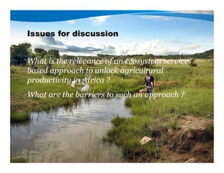 Issues for discussion
What is the relevance of an ecosystem services
based approach to unlock agricultural
productivity in Africa ?
What are the barriers to such an approach ?
 