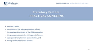 CHILD CUSTODY 101: BEST INTERESTS OF THE CHILD
• the child’s needs,
• the stability of the home environment offered,
• the quality and continuity of the child's education,
• the geographical proximity of the parents' homes,
• each parents' employment responsibilities, and
• the age and number of the children.
14
Statutory Factors:
PRACTICAL CONCERNS
 