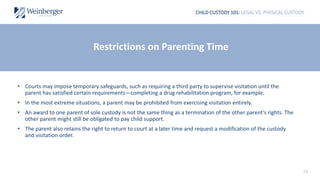 25
CHILD CUSTODY 101: LEGAL VS. PHYSICAL CUSTODY
• Courts may impose temporary safeguards, such as requiring a third party to supervise visitation until the
parent has satisfied certain requirements—completing a drug rehabilitation program, for example.
• In the most extreme situations, a parent may be prohibited from exercising visitation entirely.
• An award to one parent of sole custody is not the same thing as a termination of the other parent’s rights. The
other parent might still be obligated to pay child support.
• The parent also retains the right to return to court at a later time and request a modification of the custody
and visitation order.
Restrictions on Parenting Time
 
