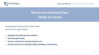 CHILD CUSTODY 101: NEW JERSEY COURT PROCEDURES
32
Parenting plans become part of a court order.
At a minimum, a plan should:
• designate the child’s primary residence
• describe legal custody
• include a specific time-sharing schedule, and
• include provisions for dividing holidays, birthdays, and vacations.
New Jersey Parenting Plans
Things to Include
 