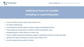 CHILD CUSTODY 101: NEW JERSEY COURT PROCEDURES
33
• access to medical records, report cards, teachers, etc.,
• first rights of babysitting,
• responsibility for specific expenses and for sharing unanticipated expenses,
• responsibility for transportation of children and for transportation costs,
• designated parent to take off work if a child is sick,
• means of addressing potential schedule changes or modification of plan as children get older,
• agreement to attend mediation to resolve future conflicts, and
• any other agreements you wish to include.
Additional items to consider
including in a parenting plan:
 