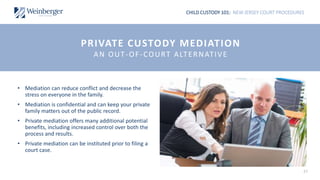 CHILD CUSTODY 101: NEW JERSEY COURT PROCEDURES
37
• Mediation can reduce conflict and decrease the
stress on everyone in the family.
• Mediation is confidential and can keep your private
family matters out of the public record.
• Private mediation offers many additional potential
benefits, including increased control over both the
process and results.
• Private mediation can be instituted prior to filing a
court case.
PRIVATE CUSTODY MEDIATION
AN OUT-OF-COURT ALTERNATIVE
 