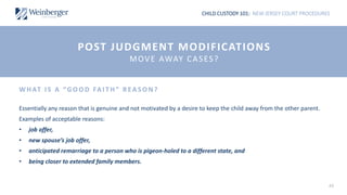 CHILD CUSTODY 101: NEW JERSEY COURT PROCEDURES
44
WHAT I S A “GOOD FAI T H” REASON?
Essentially any reason that is genuine and not motivated by a desire to keep the child away from the other parent.
Examples of acceptable reasons:
• job offer,
• new spouse’s job offer,
• anticipated remarriage to a person who is pigeon-holed to a different state, and
• being closer to extended family members.
POST JUDGMENT MODIFICATIONS
MOVE AWAY CASES?
 