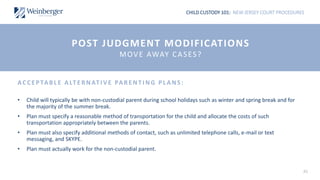CHILD CUSTODY 101: NEW JERSEY COURT PROCEDURES
45
ACCEPTAB L E ALT ERNAT I V E PARENT I NG PL ANS:
• Child will typically be with non-custodial parent during school holidays such as winter and spring break and for
the majority of the summer break.
• Plan must specify a reasonable method of transportation for the child and allocate the costs of such
transportation appropriately between the parents.
• Plan must also specify additional methods of contact, such as unlimited telephone calls, e-mail or text
messaging, and SKYPE.
• Plan must actually work for the non-custodial parent.
POST JUDGMENT MODIFICATIONS
MOVE AWAY CASES?
 