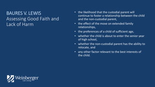 BAURES V. LEWIS
Assessing Good Faith and
Lack of Harm
• the likelihood that the custodial parent will
continue to foster a relationship between the child
and the non-custodial parent,
• the effect of the move on extended family
relationships,
• the preferences of a child of sufficient age,
• whether the child is about to enter the senior year
of high school,
• whether the non-custodial parent has the ability to
relocate, and
• any other factor relevant to the best interests of
the child.
 
