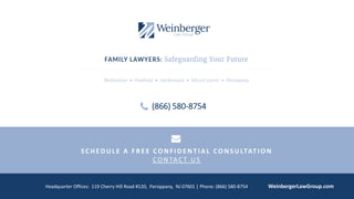Bedminster • Freehold • Hackensack • Mount Laurel • Parsippany
Headquarter Offices: 119 Cherry Hill Road #120, Parsippany, NJ 07601 | Phone: (866) 580-8754 WeinbergerLawGroup.com
(866) 580-8754
S C H E D UL E A F R E E CO NF ID E NT IA L CO NS ULTAT IO N
CO N TAC T U S
 