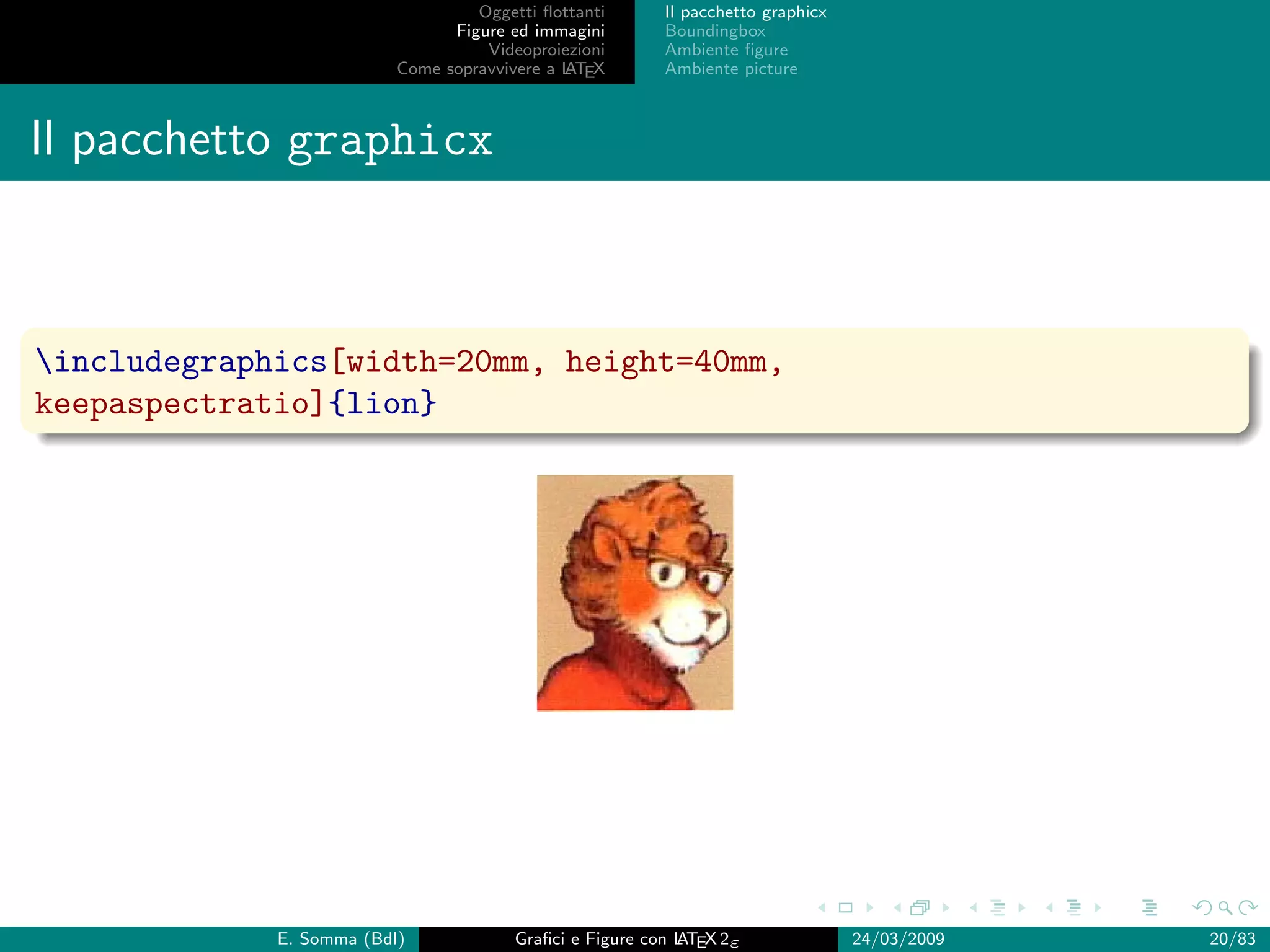 Oggetti ﬂottanti      Il pacchetto graphicx
                                Figure ed immagini       Boundingbox
                                    Videoproiezioni      Ambiente ﬁgure
                          Come sopravvivere a L EX
                                              AT         Ambiente picture



Il pacchetto graphicx



includegraphics[width=20mm, height=40mm,
keepaspectratio]{lion}




             E. Somma (BdI)             Graﬁci e Figure con L EX 2ε
                                                            AT                   24/03/2009   20/83
 