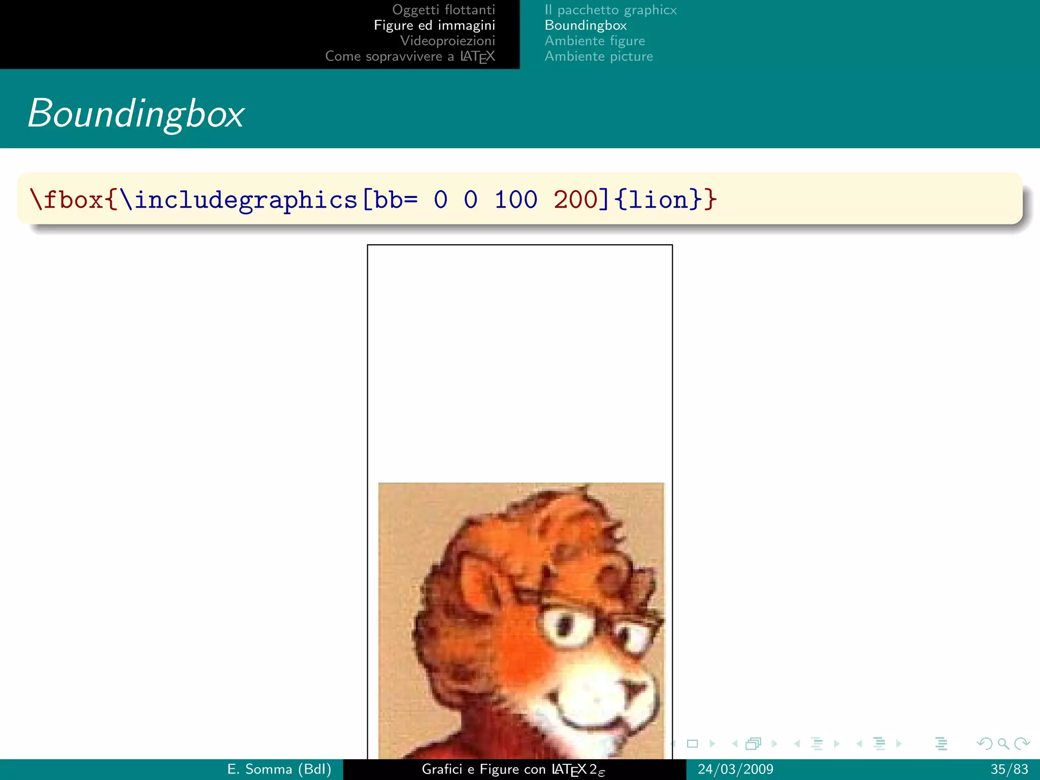 Oggetti ﬂottanti      Il pacchetto graphicx
                                Figure ed immagini       Boundingbox
                                    Videoproiezioni      Ambiente ﬁgure
                          Come sopravvivere a L EX
                                              AT         Ambiente picture



Boundingbox
fbox{includegraphics[bb= 0 0 100 200]{lion}}




             E. Somma (BdI)             Graﬁci e Figure con L EX 2ε
                                                            AT                   24/03/2009   35/83
 