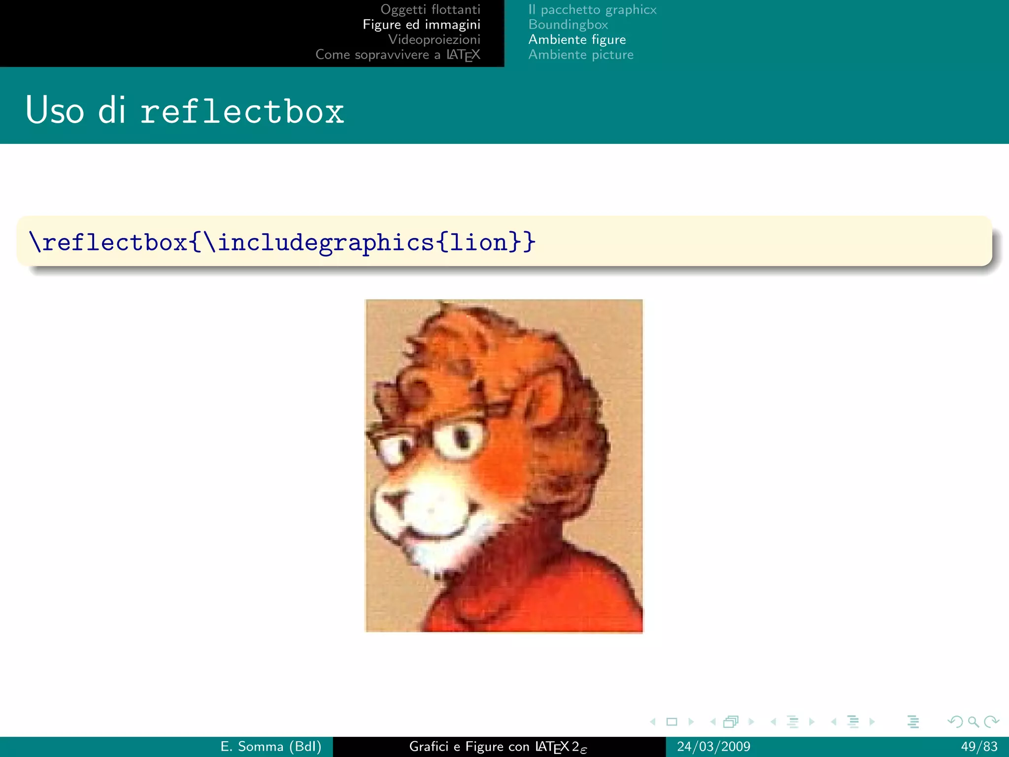 Oggetti ﬂottanti      Il pacchetto graphicx
                                Figure ed immagini       Boundingbox
                                    Videoproiezioni      Ambiente ﬁgure
                          Come sopravvivere a L EX
                                              AT         Ambiente picture



Uso di reflectbox


reflectbox{includegraphics{lion}}




             E. Somma (BdI)             Graﬁci e Figure con L EX 2ε
                                                            AT                   24/03/2009   49/83
 
