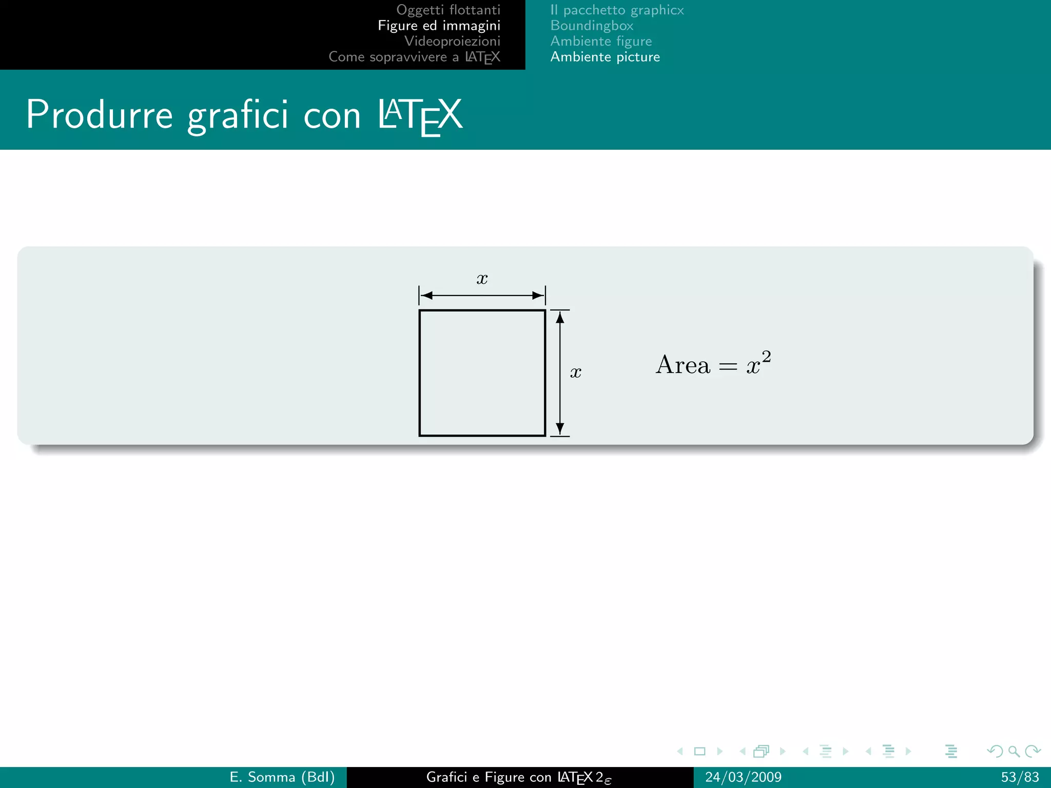Oggetti ﬂottanti       Il pacchetto graphicx
                              Figure ed immagini        Boundingbox
                                  Videoproiezioni       Ambiente ﬁgure
                        Come sopravvivere a L EX
                                            AT          Ambiente picture


                    A
Produrre graﬁci con LTEX


                                             x
                                                   -
                                                         6
                                                           x            Area = x2

                                                         ?




           E. Somma (BdI)             Graﬁci e Figure con L EX 2ε
                                                          AT                    24/03/2009   53/83
 