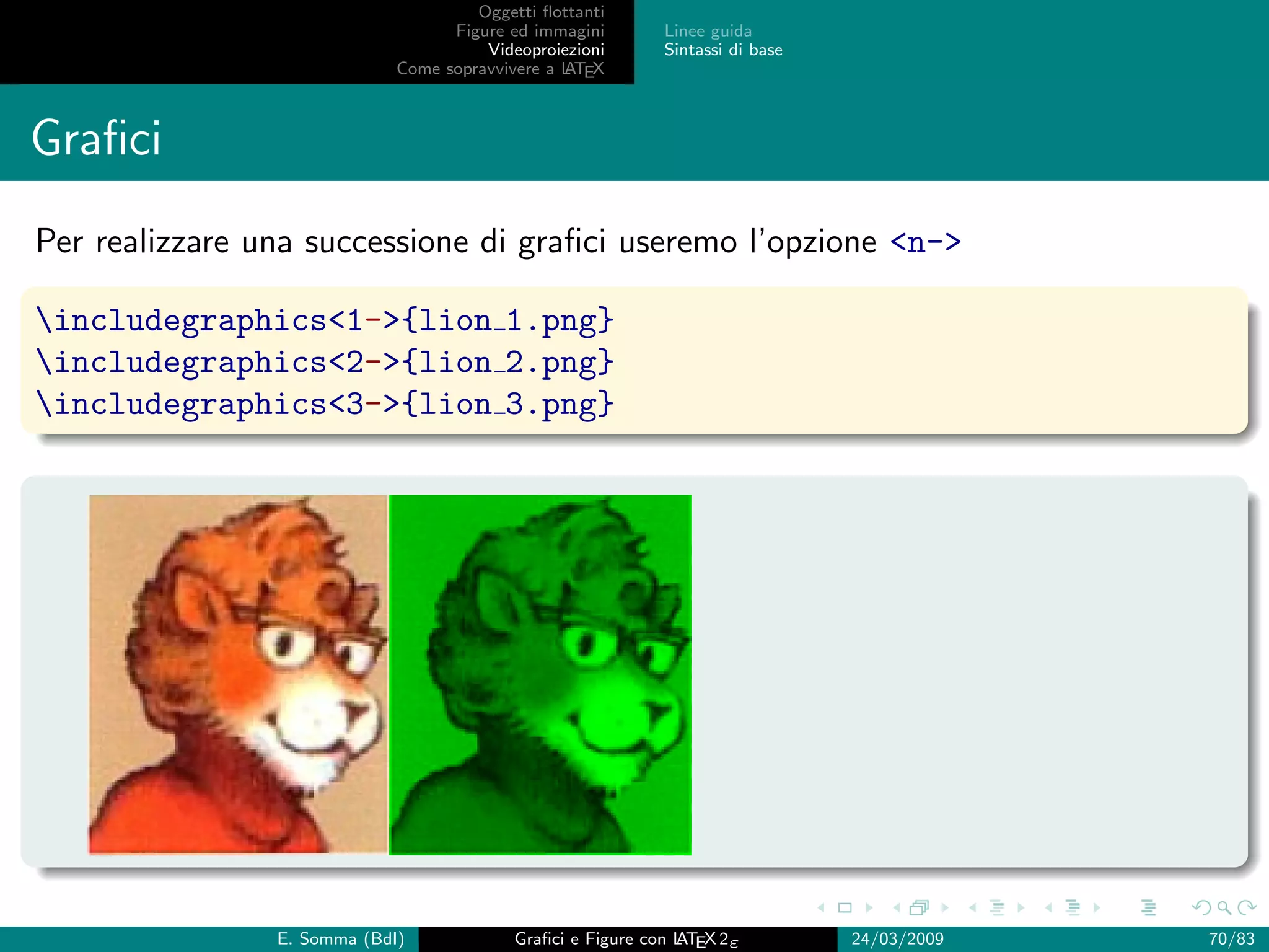 Oggetti ﬂottanti
                                   Figure ed immagini       Linee guida
                                       Videoproiezioni      Sintassi di base
                             Come sopravvivere a L EX
                                                 AT



Graﬁci
Per realizzare una successione di graﬁci useremo l’opzione n-

includegraphics1-{lion 1.png}
includegraphics2-{lion 2.png}
includegraphics3-{lion 3.png}




                E. Somma (BdI)             Graﬁci e Figure con L EX 2ε
                                                               AT              24/03/2009   70/83
 