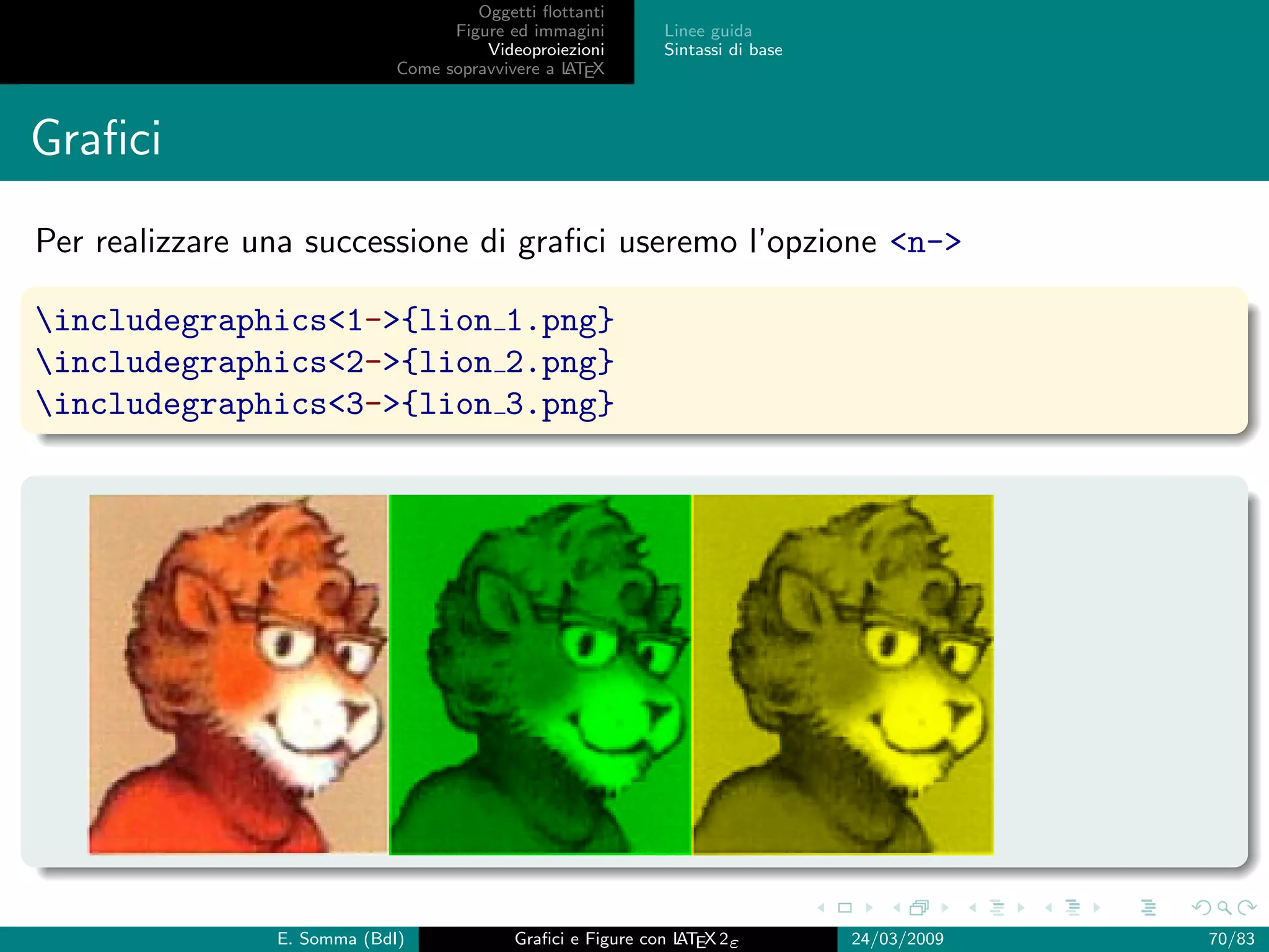 Oggetti ﬂottanti
                                   Figure ed immagini       Linee guida
                                       Videoproiezioni      Sintassi di base
                             Come sopravvivere a L EX
                                                 AT



Graﬁci
Per realizzare una successione di graﬁci useremo l’opzione n-

includegraphics1-{lion 1.png}
includegraphics2-{lion 2.png}
includegraphics3-{lion 3.png}




                E. Somma (BdI)             Graﬁci e Figure con L EX 2ε
                                                               AT              24/03/2009   70/83
 