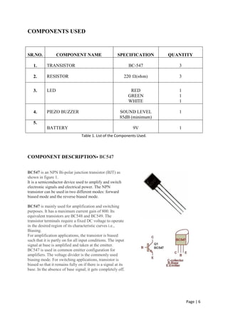 Page | 6
COMPONENTS USED
SR.NO. COMPONENT NAME SPECIFICATION QUANTITY
1. TRANSISTOR BC-547 3
2. RESISTOR 220 Ω(ohm) 3
3. LED RED
GREEN
WHITE
1
1
1
4. PIEZO BUZZER SOUND LEVEL
85dB (minimum)
1
5.
BATTERY 9V 1
Table 1. List of the Components Used.
COMPONENT DESCRIPTION- BC547
BC547 is an NPN Bi-polar junction transistor (BJT) as
shown in figure 1.
It is a semiconductor device used to amplify and switch
electronic signals and electrical power. The NPN
transistor can be used in two different modes: forward
biased mode and the reverse biased mode.
BC547 is mainly used for amplification and switching
purposes. It has a maximum current gain of 800. Its
equivalent transistors are BC548 and BC549. The
transistor terminals require a fixed DC voltage to operate
in the desired region of its characteristic curves i.e.,
Biasing.
For amplification applications, the transistor is biased
such that it is partly on for all input conditions. The input
signal at base is amplified and taken at the emitter.
BC547 is used in common emitter configuration for
amplifiers. The voltage divider is the commonly used
biasing mode. For switching applications, transistor is
biased so that it remains fully on if there is a signal at its
base. In the absence of base signal, it gets completely off.
 