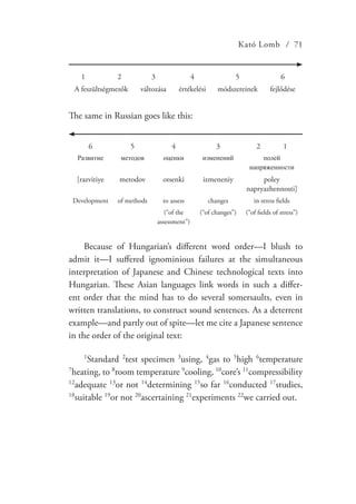 Kató Lomb / 71
1 2 3 4 5 6
A feszültségmezők változása értékelési módszereinek fejlődése
The same in Russian goes like this:
6 5 4 3 2 1
Развитие методов оценки изменений полей
напряженности
[razvitiye metodov otsenki izmeneniy poley
napryazhennosti]
Development of methods to assess changes in stress fields
(“of the
assessment”)
(“of changes”) (“of fields of stress”)
Because of Hungarian’s different word order—I blush to
admit it—I suffered ignominious failures at the simultaneous
interpretation of Japanese and Chinese technological texts into
Hungarian. These Asian languages link words in such a differ-
ent order that the mind has to do several somersaults, even in
written translations, to construct sound sentences. As a deterrent
example—and partly out of spite—let me cite a Japanese sentence
in the order of the original text:
1
Standard 2
test specimen 3
using, 4
gas to 5
high 6
temperature
7
heating, to 8
room temperature 9
cooling, 10
core’s 11
compressibility
12
adequate 13
or not 14
determining 15
so far 16
conducted 17
studies,
18
suitable 19
or not 20
ascertaining 21
experiments 22
we carried out.
 