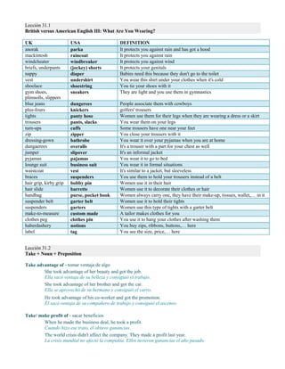Lección 31.1
British versus American English III: What Are You Wearing?
UK USA DEFINITION
anorak parka It protects you against rain and has got a hood
mackintosh raincoat It protects you against rain
windcheater windbreaker It protects you against wind
briefs, underpants (jockey) shorts It protects your genitals
nappy diaper Babies need this because they don't go to the toilet
vest undershirt You wear this shirt under your clothes when it's cold
shoelace shoestring You tie your shoes with it
gym shoes,
plimsolls, slippers
sneakers They are light and you use them in gymnastics
blue jeans dungerees People associate them with cowboys
plus-fours knickers golfers' trousers
tights panty hose Women use them for their legs when they are wearing a dress or a skirt
trousers pants, slacks You wear them on your legs
turn-ups cuffs Some trousers have one near your feet
zip zipper You close your trousers with it
dressing-gown bathrobe You wear it over your pyjamas when you are at home
dungaerees overalls It's a trouser with a part for your chest as well
jumper slipover It's an informal jacket
pyjamas pajamas You wear it to go to bed
lounge suit business suit You wear it in formal situations
waistcoat vest It's similar to a jacket, but sleeveless
braces suspenders You use them to hold your trousers instead of a belt
hair grip, kirby grip bobby pin Women use it in their hair
hair slide barrette Women use it to decorate their clothes or hair
handbag purse, pocket book Women always carry one, they have their make-up, tissues, wallet,… in it
suspender belt garter belt Women use it to hold their tights
suspenders garters Women use this type of tights with a garter belt
make-to-measure custom made A tailor makes clothes for you
clothes peg clothes pin You use it to hang your clothes after washing them
haberdashery notions You buy zips, ribbons, buttons,… here
label tag You see the size, price,… here
Lección 31.2
Take + Noun + Preposition
Take advantage of - tomar ventaja de algo
She took advantage of her beauty and got the job.
Ella sacó ventaja de su belleza y consiguió el trabajo.
She took advantage of her brother and got the car.
Ella se aprovechó de su hermano y consiguió el carro.
He took advantage of his co-worker and got the promotion.
Él sacó ventaja de su compañero de trabajo y consiguió el ascenso.
Take/ make profit of - sacar beneficios
When he made the business deal, he took a profit.
Cuando hizo ese trato, él obtuvo ganancias.
The world crisis didn't affect the company. They made a profit last year.
La crisis mundial no afectó la compañía. Ellos tuvieron ganancias el año pasado.
 