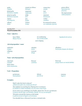 guilty
culpable
plead guilty
declararse culpable
plead not guilty
declararse inocente
inquiry
investigación
offense
delito
commit an offense
delinquir
magistrate
magistrado
judge
juez
jury
jurado
witness
testigo
witness box
estrado
trial
juicio
statement
declaración
verdict
veredicto
be sentenced to prison
ser condenado a prisión
prison officer
funcionario de
prisiones
life imprisonment
cadena perpetua
Lección 43.0
Word-Formation XIX
Noun + adjective:
Snow White
Blanca Nieves
air conditioning
aire acondicionado
asset stripping
liquidación de activos
Adverb/preposition + noun:
underskirt
enagua
offspring
cría
onlooker
mirón
overcoat
abrigo
aftershave
loción para después de afeitarse
Noun + adverb/preposition:
chair back
respaldo
block letters
letras mayúsculas
blowout
comilona
booze-up
juerga (fiesta con mucha bebida)
Verb + Preposition:
go-between
intermediario
takeout
para llevar
runaway
fugitivo
Examples:
Shall I order this food to takeout?
¿Debería de pedir esta comida para llevar?
The elephant was teaching her offspring how to eat leaves.
El elefante le estaba enseñando a su cría como comer hojas.
If you want to say something to my brother, phone him. I'm not a go-between.
Si quieres decirle algo a mi hermano, llámalo. No soy un mensajero.
The police arrested the runaway at the border.
La policía arrestó al fugitivo en la frontera.
You shouldn't have a blowout if you have a stomach ache.
 