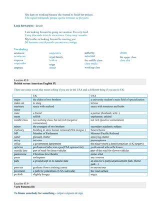 She kept on working because she wanted to finish her project.
Ella siguió trabajando porque quería terminar su proyecto.
Look forward to - desear
I am looking forward to going on vacation. I'm very tired.
Estoy deseando irme de vacaciones. Estoy muy cansado.
My brother is looking forward to meeting you.
Mi hermano está deseando encontrarse contigo.
Vocabulary
aristocrat
aristócrata
emperor
emperador
empress
emperatriz
royal family
realeza
reign
reinar
authority
autoridad
the middle class
clase media
working-class
obrero
the upper class
clase alta
Lección 43.8
British versus American English IX
There are some words that mean a thing if you are in the USA and a different thing if you are in UK:
UK USA
major the eldest of two brothers a university student's main field of specialization
make out to snog to kiss
marinara
sauce
sauce with seafood sauce with tomatoes and herbs
mate a friend a partner (husband, wife..)
mean selfish unpleasant, unkind
middle class not working class, but not rich (negative
connotation)
not rich (positive connotation)
minor the youngest of two brothers secondary academic subject
mortuary building to store human remains(USA morgue ) funeral home
MP Member of Parliament Missouri Pacific Railroad
natter pleasant chatter annoying chatter
nervy nervous presumptuous
office a government department the place where a dentist practices (UK surgery)
optician professional who tests eyes(USA optometrist) professional who sells lenses
outside lane part of road for faster vehicles part of the road for slower vehicles
pantomime Christmas time theatre mime artist
pants underpants any trousers
park a ground kept in its natural state an area for a purpose(amusement park, theme
park...)
pass out graduate from a training centre to unconcious
pavement a path for pedestrians (USA sidewalk) the road surface
peckish slightly hungry angry
Lección 43.9
Verb Patterns III
To blame somebody for something - culpar a alguien de algo
 