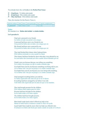 You already know the verb to be in the Perfect Past Tense:
 -I had been - Yo había sido/estado
 -It had been– Ello/a había sido/estado
 -They had been - Ellos habían sido/estado
Then, the structure for this Passive Tense is:
patient subject had been past participle by agent complement
A postcard had been sent by me
Notice
We translate it as : Había sido bebido / se había bebido.
Let's practise it:
I had sent a postcard to my friends.
Les había enviado una postal a mis amigos.
A postcard had been sent to my friends by me.
Una postal les había sido enviada a mis amigos por mí.
My friends had been sent a postcard by me.
Una postal les había sido enviada a mis amigos por mí.
They had finished their dinner when I phoned them.
Ellos habían terminado su cena cuando los llamé.
Their dinner had been finished by them when they were phoned by me.
Su cena había sido terminada por ellos cuando fueron llamados por mí.
I hadn't seen you because that guy was telling you something.
No te había visto porque ese tipo te estaba contando algo.
You hadn't been seen by me because something was being told to you.
Tú no habías sido visto por mí porque se te estaba contando algo.
You hadn't been seen by me because you were being told something.
Tú no habías sido visto por mí porque se te estaba contando algo.
I had arranged everything before you told me.
Yo había organizado todo antes de que tú me lo dijeras.
Everything had been arranged by me before I was told.
Todo había sido organizado por mí antes de que se me mandara.
They had brought presents for the children.
Ellos habían traído regalos para los niños.
Presents had been brought for the children.
Se les había traído a los niños regalos.
The children had been brought presents.
Se les había traído a los niños regalos.
Mom hadn't made lunch when I offered my help to her.
Mamá no había hecho el almuerzo cuando le ofrecí mi ayuda.
Lunch hadn't been made by mom when my help was offered to her.
El almuerzo no había sido hecho por mamá cuando mi ayuda se le ofreció.
 