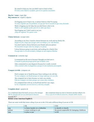 He aimed to help you, but you didn't want to listen to him.
Él tenía como objetivo ayudarte, pero tú no querías escucharlo.
Beg for + noun - rogar algo
Beg someone to - rogarle a alguien
I'm begging you to forgive me, so please listen to what I'm saying.
Te estoy rogando que me perdones, así que por favor escucha lo que estoy diciendo.
Mark is begging you for help, but you don't know what to do.
Mark te está rogando ayuda, pero tú no sabes que hacer.
Stop begging me! I don't want to see you.
¡Deja de rogarme! No quiero verte.
Choose between - escoger entre
According to my boss, I need to choose between my work and my family life.
Según mi jefe, tengo que escoger entre mi trabajo y mi vida familiar.
You don't need to choose between your friends and your partner.
No necesitas escoger entre tus amigos y tu pareja.
I chose between going to university and working for a family firm.
Escogí entre ir a la universidad y trabajar en una empresa familiar.
Comment on - comentar algo
I commented on the movie because I thought you had seen it.
Comenté la película porque pensé que la habías visto.
John commented on your diagnosis because he is really worried.
John comentó sobre tu diagnóstico porque él está realmente preocupado.
Compare to/with - comparar con
Don't compare me to Sarah because I have nothing to do with her.
No me compares con Sarah porque no tengo nada que ver con ella.
She compared me to Janis because we look very similar.
Ella me comparó con Janis porque nos vemos muy similares.
I've compared him with my ex-boyfriend and he's very angry.
Lo he comparado con mi exnovio y está muy enojado.
Complain about - quejarse de
I've complained about the hotel's service to the manager.
Me he quejado del servicio del hotel al director.
She complained about my lack of attention and then talked a lot.
Ella se quejó de mi falta de atención y después habló mucho.
Lección 45.7
British versus American English X
There are some words that mean a thing if you are in the USA and a different thing if you are in UK:
UK USA
peg to fasten laundry on a clothesline to identify or classify
pitman a miner working in a pit the person responsible for managing a barbecue
pop to place or put to kill
 