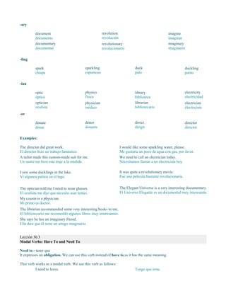 -ary
document
documento
documentary
documental
revolution
revolución
revolutionary
revolucionario
imagine
imaginar
imaginary
imaginario
-ling
spark
chispa
sparkling
espumoso
duck
pato
duckling
patito
-ian
optic
óptico
optician
oculista
physics
física
physician
médico
library
biblioteca
librarian
bibliotecario
electricity
electricidad
electrician
electricista
-or
donate
donar
donor
donante
direct
dirigir
director
director
Examples:
The director did great work.
El director hizo un trabajo fantástico.
A tailor made this custom-made suit for me.
Un sastre me hizo este traje a la medida.
I would like some sparkling water, please.
Me gustaría un poco de agua con gas, por favor.
We need to call an electrician today.
Necesitamos llamar a un electricista hoy.
I saw some ducklings in the lake.
Vi algunos patitos en el lago.
It was quite a revolutionary movie.
Fue una película bastante revolucionaria.
The Elegant Universe is a very interesting documentary.
El Universo Elegante es un documental muy interesante.
The librarian recommended some very interesting books to me.
El bibliotecario me recomendó algunos libros muy interesantes.
She says he has an imaginary friend.
Ella dice que él tiene un amigo imaginario.
Lección 30.3
Modal Verbs: Have To and Need To
Need to - tener que
It expresses an obligation. We can use this verb instead of have to as it has the same meaning.
This verb works as a modal verb. We use this verb as follows:
I need to leave. Tengo que irme.
The optician told me I need to wear glasses.
El oculista me dijo que necesito usar lentes.
My cousin is a physician.
Mi primo es doctor.
 