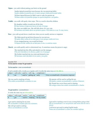 Tiptoe - you walk without putting your heels on the ground
Sandra tiptoed around the room because she was practicing ballet.
Sandra andaba de puntillas por el cuarto porque estaba practicando ballet.
William tiptoed because he didn't want to wake his parents up.
William anduvo de puntillas porque no quería despertar a sus padres.
Toddle - you walk with quick, short steps. This is a word to describe children
My daughter toddles towards me all the time.
Mi hija camina a tropezones hacia mí todo el tiempo.
My sister can toddle now. She still falls down. It's very cute.
Mi hermana está dando ahora sus primeros pasos. Ella todavía se cae. Es muy tierno.
Pace - you walk up and down a small area when you are usually anxious or impatient
My father paced up and down because he was nervous.
Mi padre daba vueltas de un lado para el otro porque estaba nervioso.
If you stopped pacing, you would feel better.
Si dejaras de dar vueltas de un lado para el otro, te sentirías mejor.
March - you walk quickly and in a determined way. It sometimes means the person is angry
She marched into the office and asked to see the manager.
Ella entró decidida en la oficina y pidió ver al manager.
My brother marched into my room and shouted at me.
Mi hermano entró decidido en mi cuarto y me gritó.
Lección 33.0
To be used to versus To get used to
To be used to - estar acostumbrado
It isn't a modal verb, it works as a regular verb. It works the same way as to be able to.
subject verb to be used to verb -ing complement
I am used to getting up early Estoy acostumbrado a levantarme temprano
She was used to studying at home.
Ella estaba acostumbrada a estudiar en casa.
To get used to – acostumbrarse
It works the same way as to be used to.
subject verb to get used to verb -ing complement
I got used to studying for my exams
I got used to studying for my tests.
Me acostumbré a estudiar para mis exámenes.
She will get used to cooking.
Ella se acostumbrará a cocinar.
I got used to watching a movie every evening before going to bed.
Me he acostumbrado a ver una película cada noche antes de irme a
dormir.
I will never get used to eating English meals.
Nunca me acostumbraré a comer las comidas inglesas.
My parents will be used to surfing the net.
Mis padres estarán acostumbrados a surfear el Internet.
My friends have never been used to chatting.
Mis amigos nunca han estado acostumbrados a charlar.
 