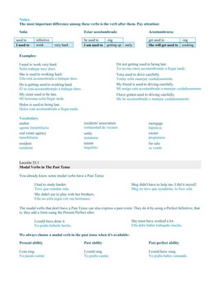 Notice
The most important difference among these verbs is the verb after them. Pay attention:
Solía
used to infinitive
I used to work very hard
Estar acostumbrado
be used to -ing
I am used to getting up early
Acostumbrarse
get used to -ing
She will get used to cooking
Examples:
I used to work very hard.
Solía trabajar muy duro.
She is used to working hard.
Ella está acostumbrada a trabajar duro.
He is getting used to working hard.
Él se está acostumbrando a trabajar duro.
My sister used to be late.
Mi hermana solía llegar tarde.
Helen is used to being late.
Helen está acostumbrada a llegar tarde.
I'm not getting used to being late.
Yo no me estoy acostumbrando a llegar tarde.
Tony used to drive carefully.
Tonny solía manejar cuidadosamente.
My friend is used to driving carefully.
Mi amigo está acostumbrado a manejar cuidadosamente.
I have gotten used to driving carefully.
Me he acostumbrado a manejar cuidadosamente.
Vocabulary
realtor
agente inmobiliario
real estate agency
inmobiliaria
resident
residente
residents' association
comunidad de vecinos
settle
instalarse
tenant
inquilino
mortgage
hipoteca
owner
propietario
for sale
se vende
Lección 33.1
Modal Verbs in The Past Tense
You already know some modal verbs have a Past Tense:
I had to study harder.
Tuve que estudiar más.
She didn't use to play with her brothers.
Ella no solía jugar con sus hermanos.
Meg didn't have to help me, I did it myself.
Meg no tuvo que ayudarme, lo hice sola.
The modal verbs that don't have a Past Tense can also express a past event. They do it by using a Perfect Infinitive, that
is, they add a form using the Present Perfect after:
I could have done it.
Yo podía haberlo hecho.
She must have worked a lot.
Ella debe haber trabajado mucho.
We always choose a modal verb in the past tense when it's available:
Present ability
I can sing.
Yo puedo cantar.
Past ability
I could sing.
Yo podía cantar.
Past perfect ability
I could have sung.
Yo podía haber cantando.
 